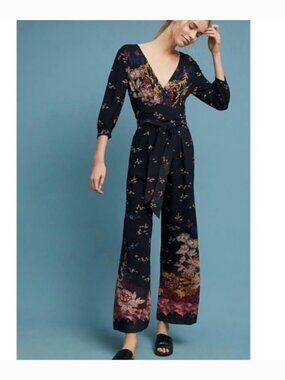 Anthropologie Feather & Bone Nara Black Floral Patchwork Jumpsuit (XS)